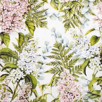 Quarter-fold view of the Soft Lilacs lunch decoupage napkin, displaying the elegant lilac floral pattern on a cream background.