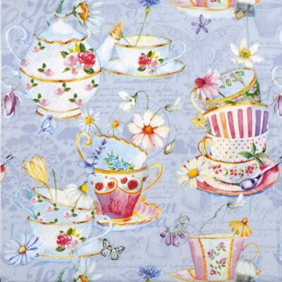 Tea Cups blue decoupage napkin with vintage teapots, cups, and floral design for botanical crafts on a blue background.