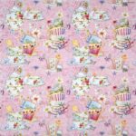 Tea Cups pink napkins 20 pack open view, showing the repeated pattern of vintage teapots, cups, and flowers for party table settings.