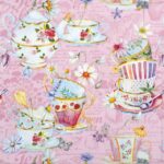 Tea Cups pink decoupage napkin with vintage teapots, cups, and floral design for botanical crafts on a pink background.