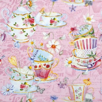 Tea Cups pink decoupage napkin with vintage teapots, cups, and floral design for botanical crafts on a pink background.