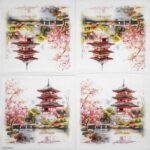 Temple Lunch Napkins 20 Pack featuring Japanese pagoda and cherry blossom designs for elegant table decor and workshops.