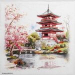 Temple Lunch Decoupage Napkin featuring a traditional Japanese pagoda and cherry blossoms for craft projects.