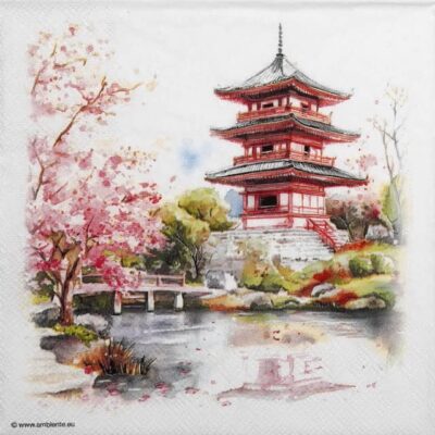 Temple Lunch Decoupage Napkin featuring a traditional Japanese pagoda and cherry blossoms for craft projects.