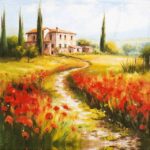 Tuscan House decoupage napkin featuring a rustic villa, winding path, and vibrant poppy fields.
