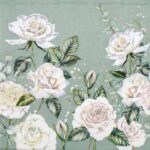 Vendela White Rose Decoupage Napkin featuring elegant white roses and foliage on a sage-green background for craft projects.