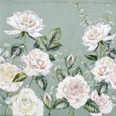 Vendela White Rose Decoupage Napkin featuring elegant white roses and foliage on a sage-green background for craft projects.
