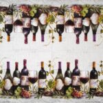 Open Wine Bottles napkin showing four repeating panels with wine bottles, red wine, grapes, figs and vineyard leaves in a vintage layout.