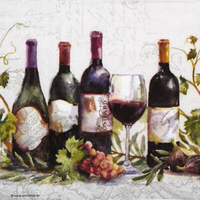 Wine Bottles napkin with wine bottles, red wine, grapes, figs and vineyard leaves by Ambiente.