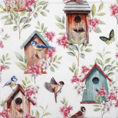 Close-up of Wooden Birdhouses Lunch Decoupage Napkin single showing detailed bird illustration.