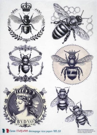 AB Studio Decoupage Rice Paper A/4 - Vintage Bees & Frames - No. 58. A sheet featuring vintage-style bees, crowned emblems, and a classical female portrait.