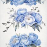 AB Studio Peonies Decoupage Paper Sheet (5369) featuring three separate watercolour-style blue peony bouquets on a plain white background with grey-blue leaves.