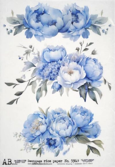 AB Studio Peonies Decoupage Paper Sheet (5369) featuring three separate watercolour-style blue peony bouquets on a plain white background with grey-blue leaves.