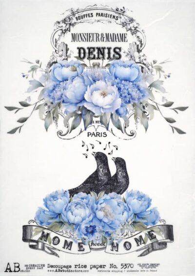 AB Studio Vintage Birds Decoupage Paper Sheet (5370) featuring a French Paris label, blue peonies, and two singing birds on a white background.