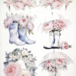 AB Studio Rice Paper for Decoupage No. 5377 with pink peonies, wellington boots, and umbrellas.