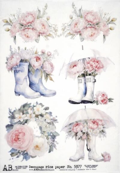 AB Studio Rice Paper for Decoupage No. 5377 with pink peonies, wellington boots, and umbrellas.
