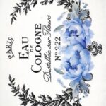 AB Studio Decoupage Rice Paper A/4 - Perfume Label Blue Flowers - 5367. A vintage Paris Eau de Cologne label with black typography, a laurel wreath, and soft blue flowers at the bottom