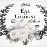 AB Studio Decoupage Paper Eau de Cologne (5371) featuring white roses and a vintage "Eau de Cologne Paris" label framed by a laurel wreath.
