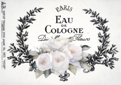 AB Studio Decoupage Paper Eau de Cologne (5371) featuring white roses and a vintage "Eau de Cologne Paris" label framed by a laurel wreath.