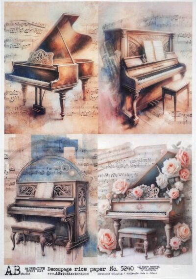 AB Studio Rice Paper for Decoupage No. 5240 with vintage pianos and music background.