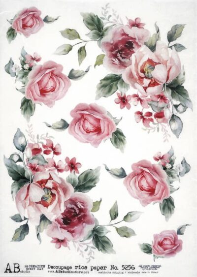 AB Studio Decoupage Rice Paper A/4 - Romantic Pink Roses - 5256. A sheet of rice paper featuring various sized pink rose blossoms and delicate green leaves in a soft, artistic watercolour style.