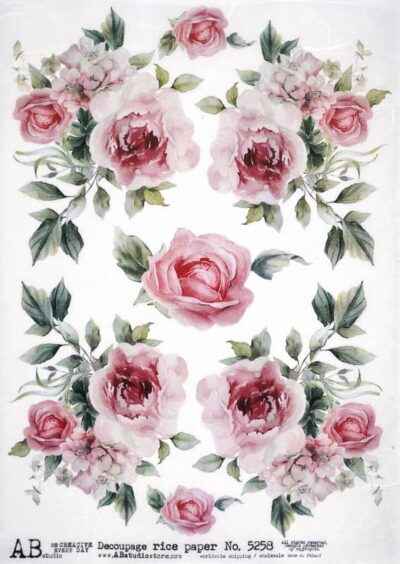 AB Studio Decoupage Rice Paper A/4 - Rose Bouquets Floral - 5258. A sheet of rice paper featuring elegant pink rose bouquets and hydrangea-style clusters with green leaves in a romantic watercolour aesthetic.