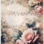 AB Studio Rice Paper for Decoupage No. 5236 with pink roses and vintage sheet music background.
