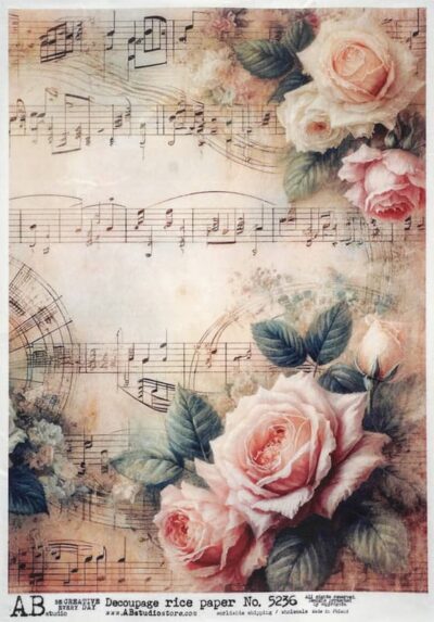 AB Studio Rice Paper for Decoupage No. 5236 with pink roses and vintage sheet music background.