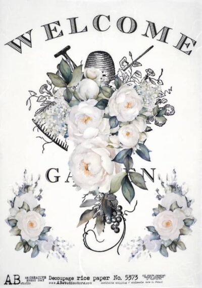 AB Studio Rice Paper for Decoupage No. 5373 with white roses and Welcome Garden text.