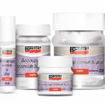 Three different sizes of Pentart Matte Decoupage Glue & Varnish bottles arranged together, showing the 100ml, 230ml, and the large 500ml containers with the professional Pentart labels.