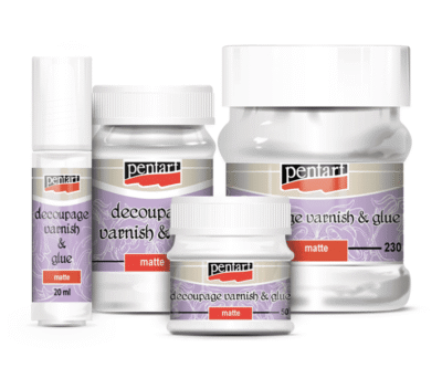 Three different sizes of Pentart Matte Decoupage Glue & Varnish bottles arranged together, showing the 100ml, 230ml, and the large 500ml containers with the professional Pentart labels.