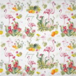 Open Flamingo and cactus lunch napkins 20 pack featuring a vibrant pattern of pink flamingos, exotic flowers, and green cacti.