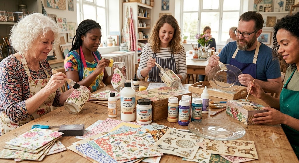 decoupage-craft-workshop-pentart-supplies Group of people participating in a decoupage craft workshop using Pentart glue, varnish, acrylic paints, decorative napkins, and rice paper on glass and wooden items.
