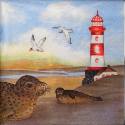 Single Decoupage Napkin - Seaside lighthouse and seal