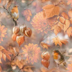 Orange Autumn decoupage napkin showing birds among autumn leaves, seed pods and warm florals.