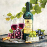 Red Wine napkin with wine bottle, glasses, grapes, cheese and vineyard leaves by Ambiente.