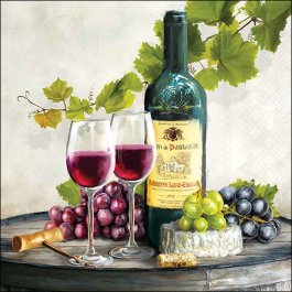 Red Wine napkin with wine bottle, glasses, grapes, cheese and vineyard leaves by Ambiente.