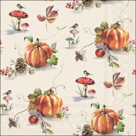 Autumn Splendour napkin with pumpkins, mushrooms, berries and small birds in warm autumn colours by Ambiente.