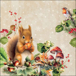 Woodland squirrel motif with mushrooms and berries in quarter‑view.