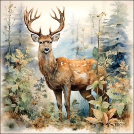 Deer standing among forest foliage in a quarter‑view woodland motif.