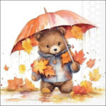 Cute bear with orange umbrella and autumn leaves in a quarter‑view motif.