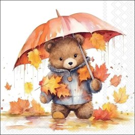 Cute bear with orange umbrella and autumn leaves in a quarter‑view motif.