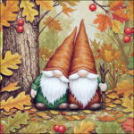 Two woodland gnomes among autumn leaves and berries in a quarter‑view motif.