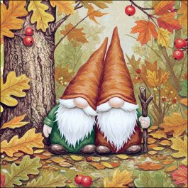 Two woodland gnomes among autumn leaves and berries in a quarter‑view motif.