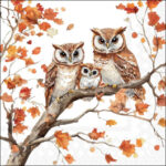Three owls on an autumn branch in a quarter‑view motif.