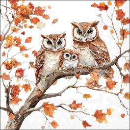Three owls on an autumn branch in a quarter‑view motif.