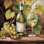 Wine and Grapes napkin with wine bottle, glass, grapes and vineyard leaves in warm colours by Ambiente.