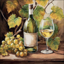 Wine and Grapes napkin with wine bottle, glass, grapes and vineyard leaves in warm colours by Ambiente.