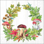 Autumn mushroom wreath motif in quarter‑view.