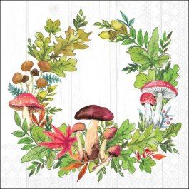 Autumn mushroom wreath motif in quarter‑view.